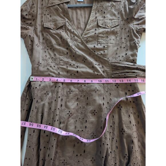 CAbi Midi Dress Floral Eyelet Faux Wrap Shirt Retro Rockabilly Brown Size 8 - Picture 10 of 11